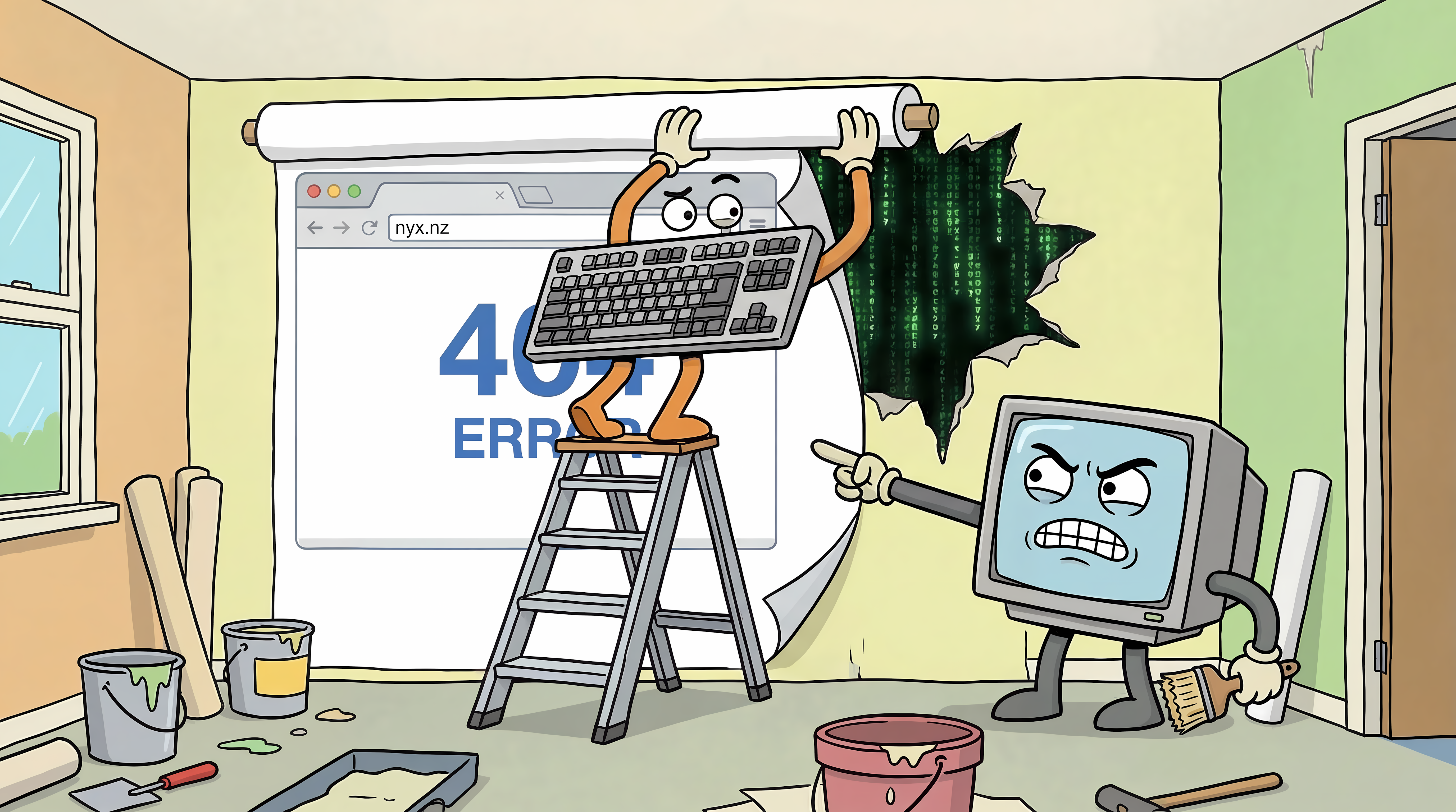 Two cartoon computers building the nyx.nz website — one papering over a 404 error while the other points angrily